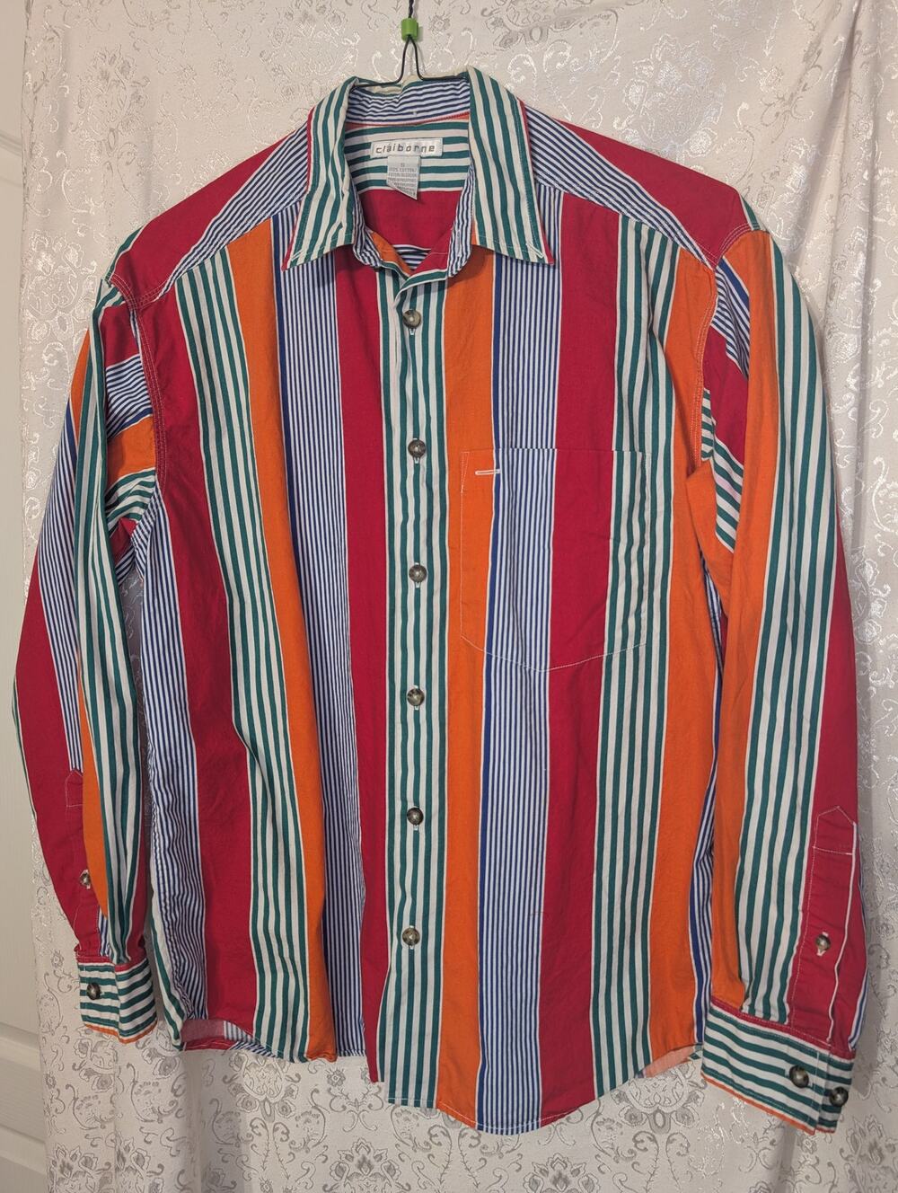 VTG Clairborne Mens 90s Colorblock Fun Stripe Button Down Shirt Multi Color Rare